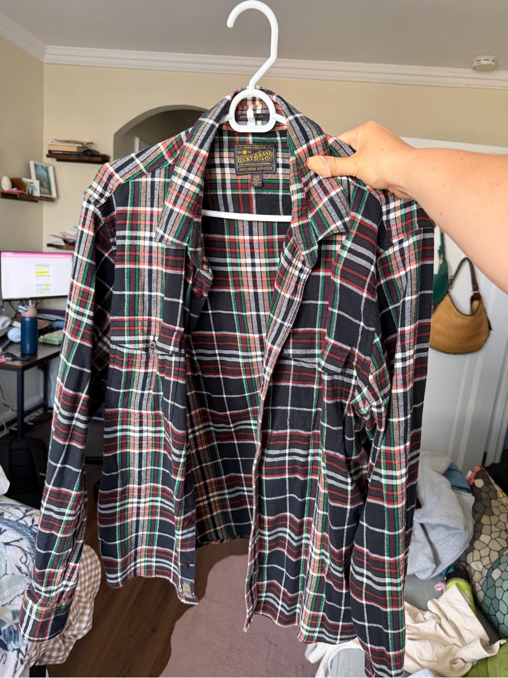 Lucky Brand Black Plaid Shirt with Red & Green Accents